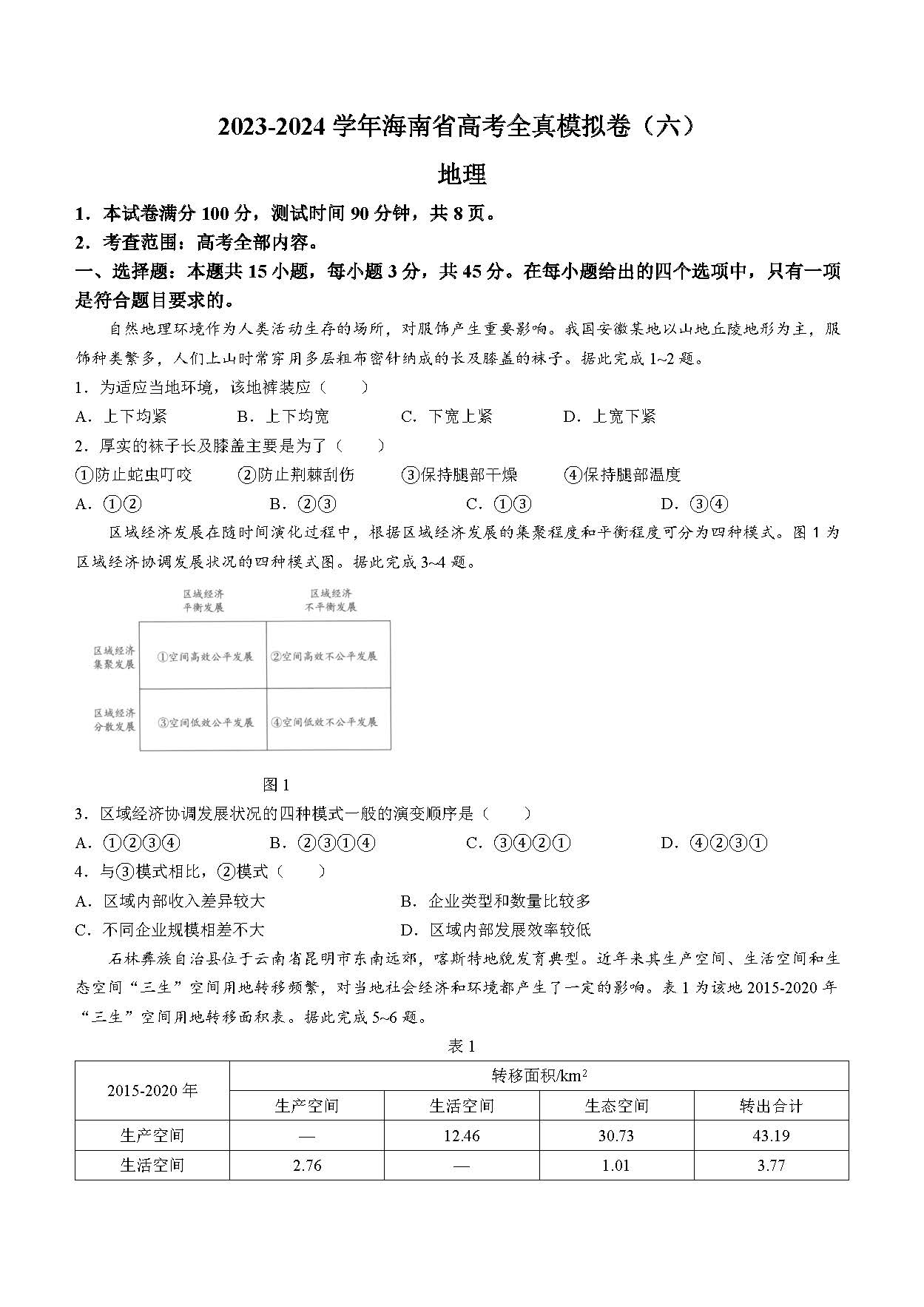 海南省2023-2024学年高三高考全真模拟卷（六）地理试题