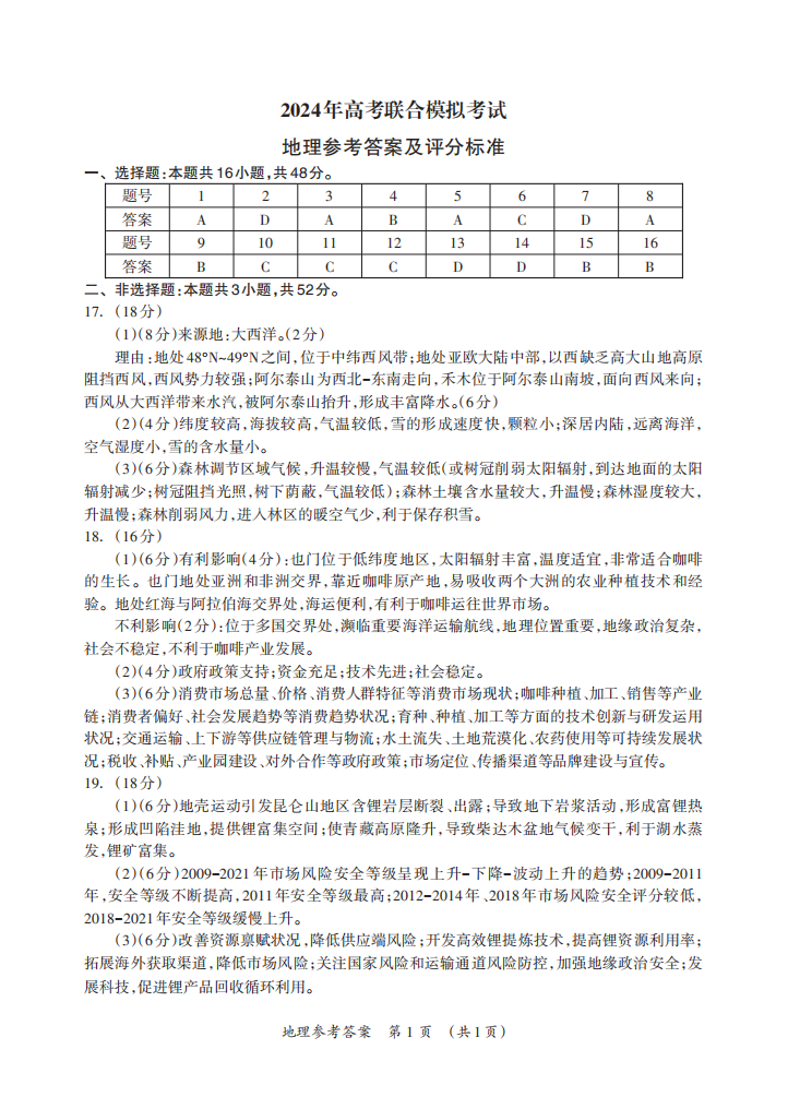 广西2024年高考3月联合模拟地理试题答案（广西一模）
