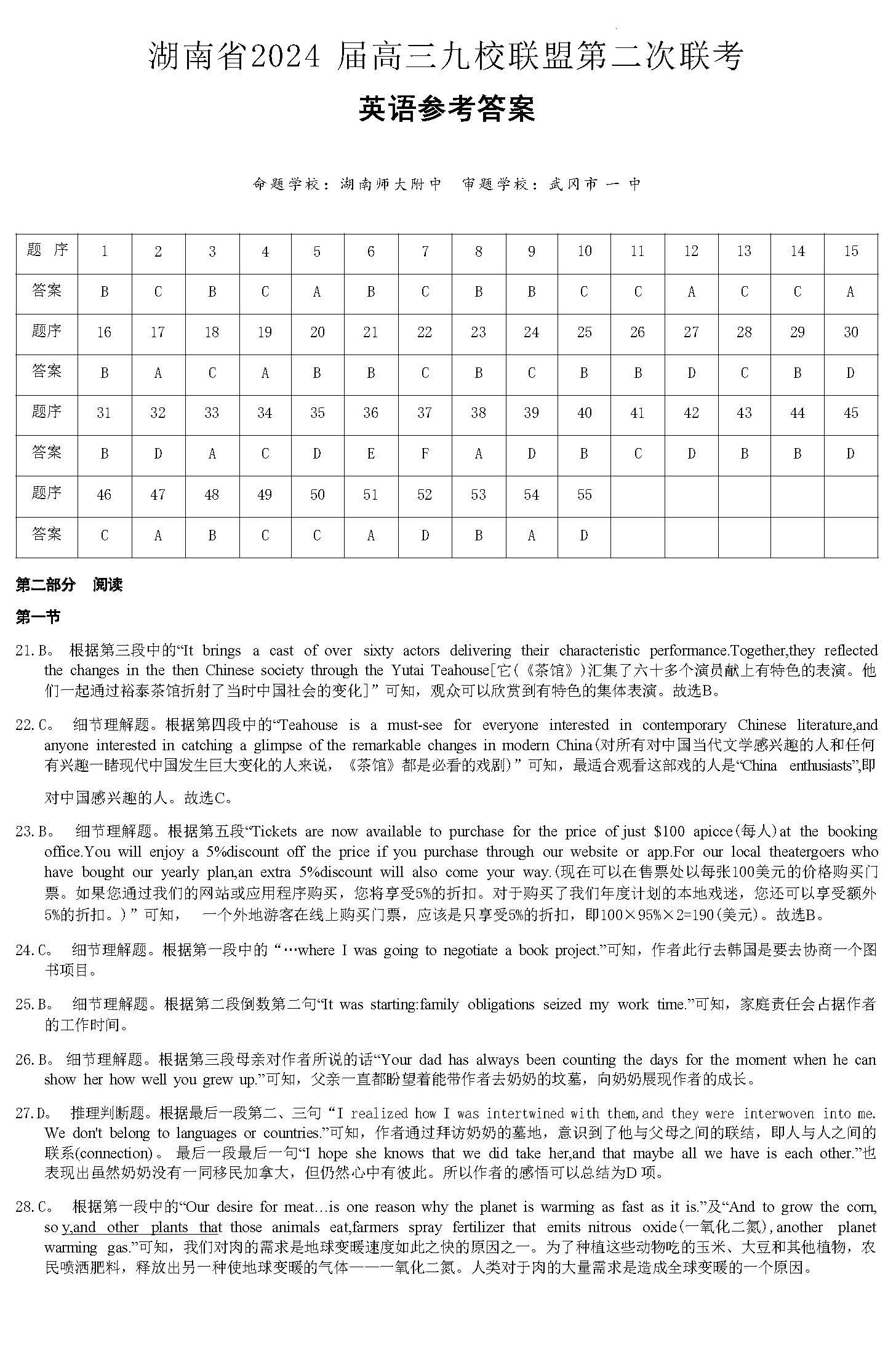 湖南省九校联盟2024届高三第二次联考英语答案
