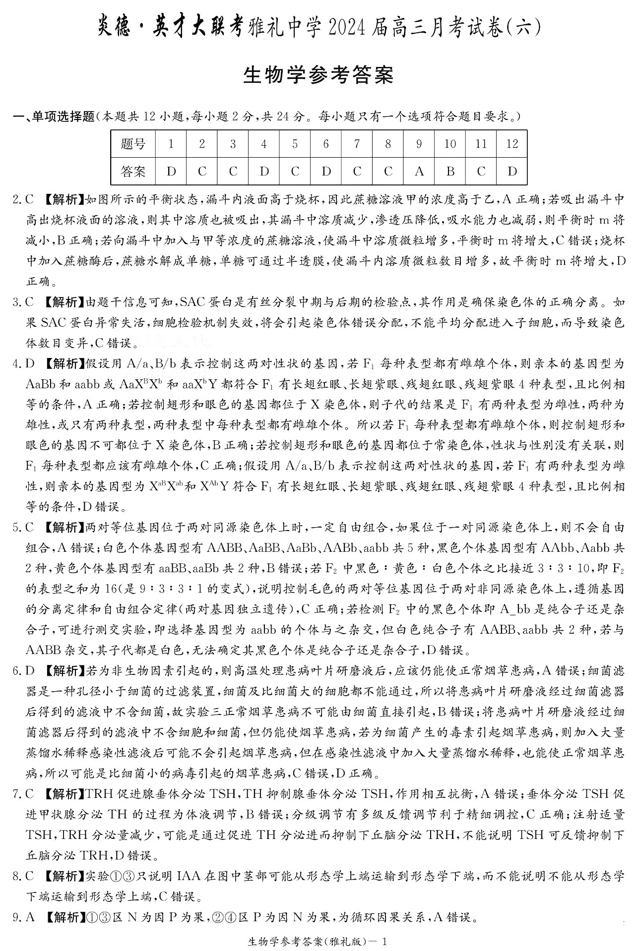 炎德英才大联考雅礼中学2024届高三月考试卷（六）生物答案