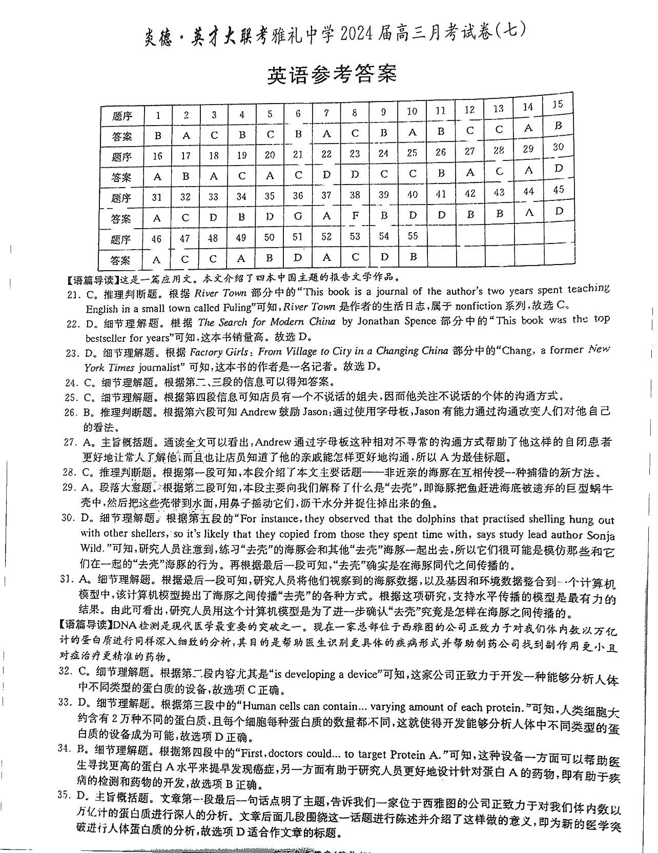 湖南省长沙市雅礼中学2024届高三下月考（七）英语答案