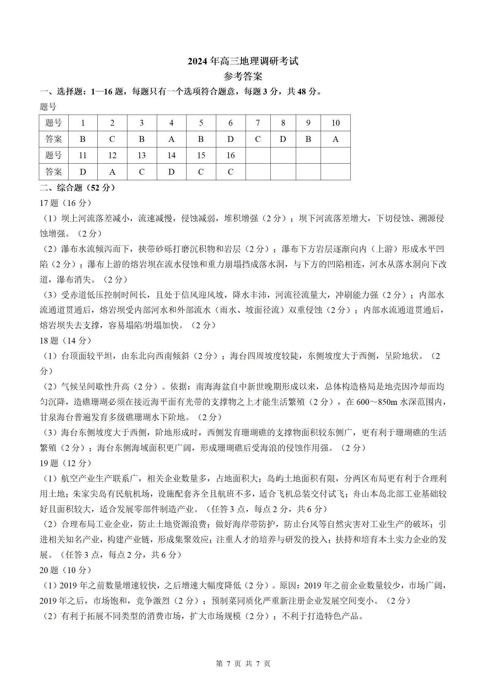 湖南省长沙市四区2024届高三调研（一模）地理答案