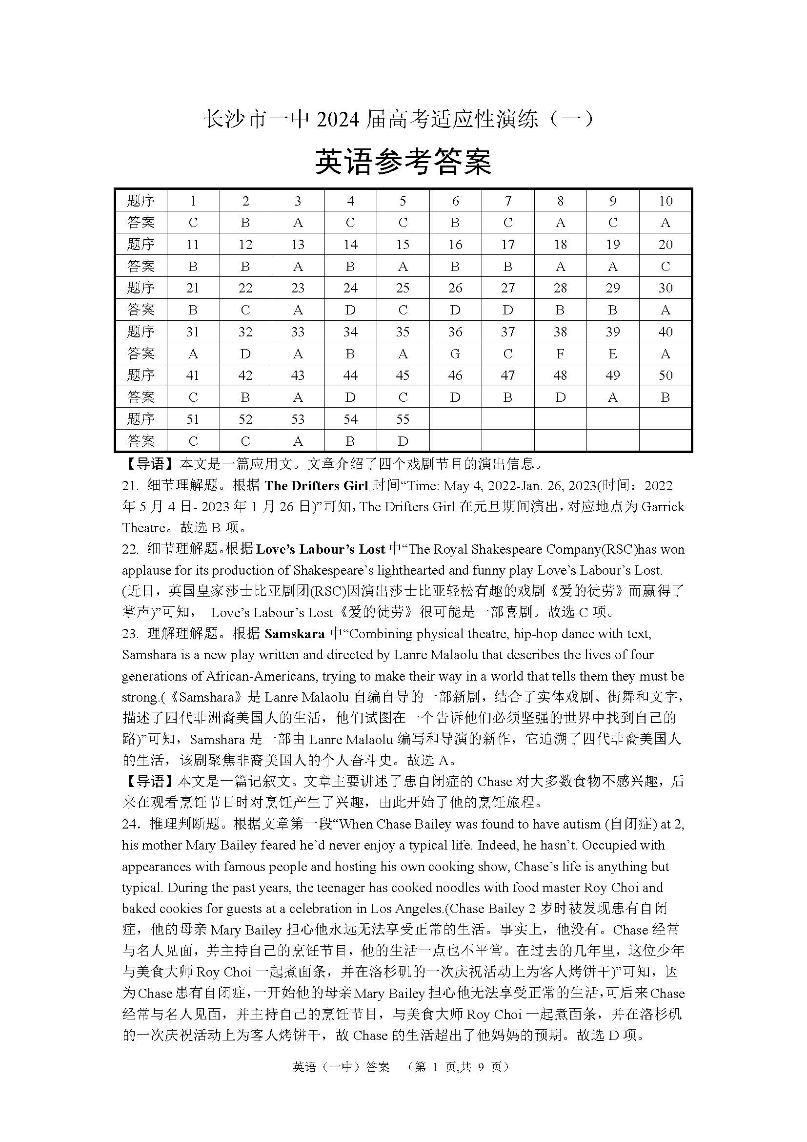湖南省长沙一中2024届高考适应性演练（一）英语答案