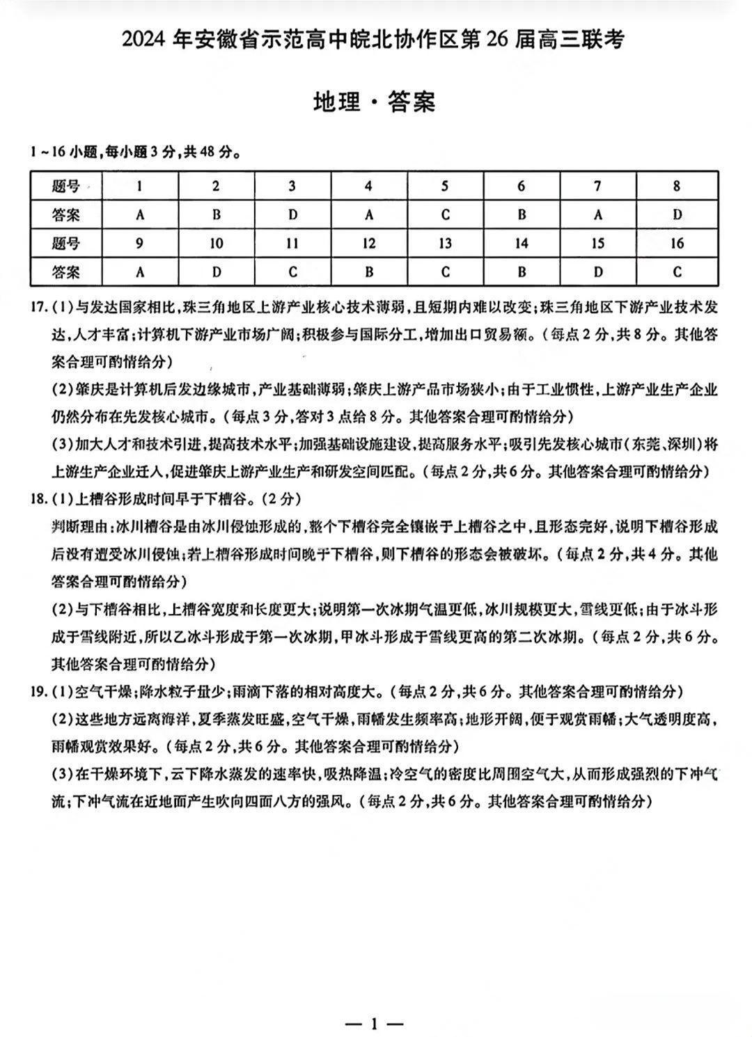 2024年安徽省示范高中皖北协作区26届高三联考地理试卷和答案