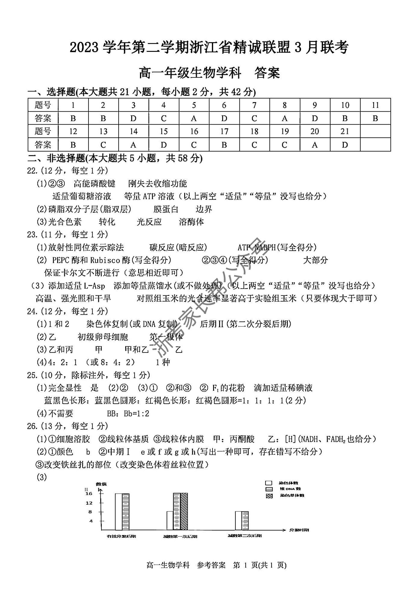2024年3月浙江省精诚联盟高一联考生物试题答案