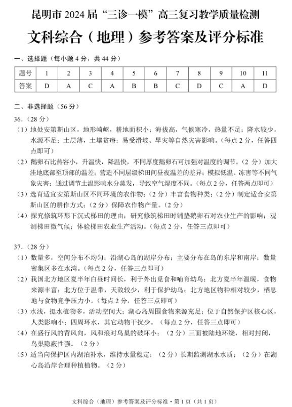 云南省昆明市“三诊一模”2024届高三复习教学质量检测地理答案