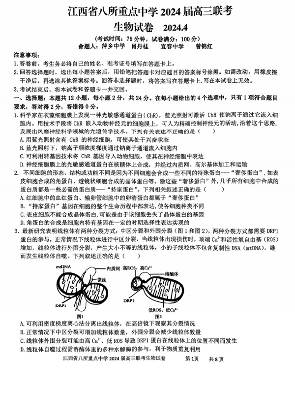 江西省八所重点中学2024届高三4月联考生物试题