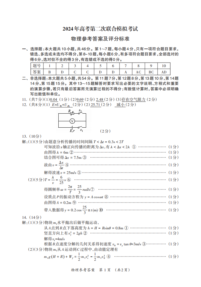 广西2024届高考第二次联合模拟考试（广西二模）物理答案