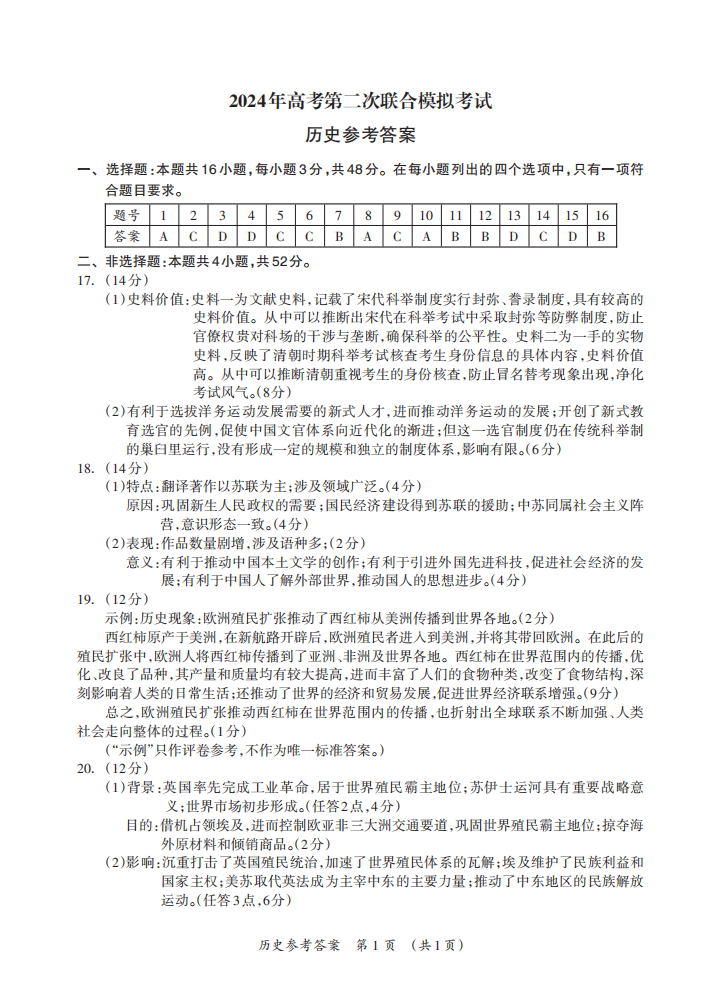 广西2024届高考第二次联合模拟考试（广西二模）历史答案