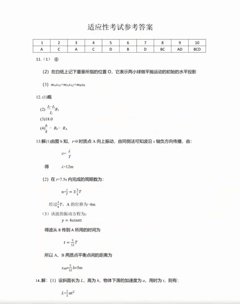 贵州省2024届高三4月适应性考试物理答案