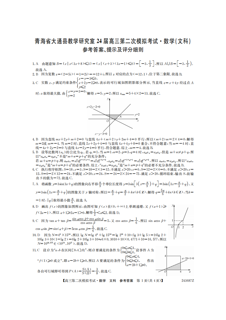 青海大通教研室2024届高三二模（3687Z）文科数学答案