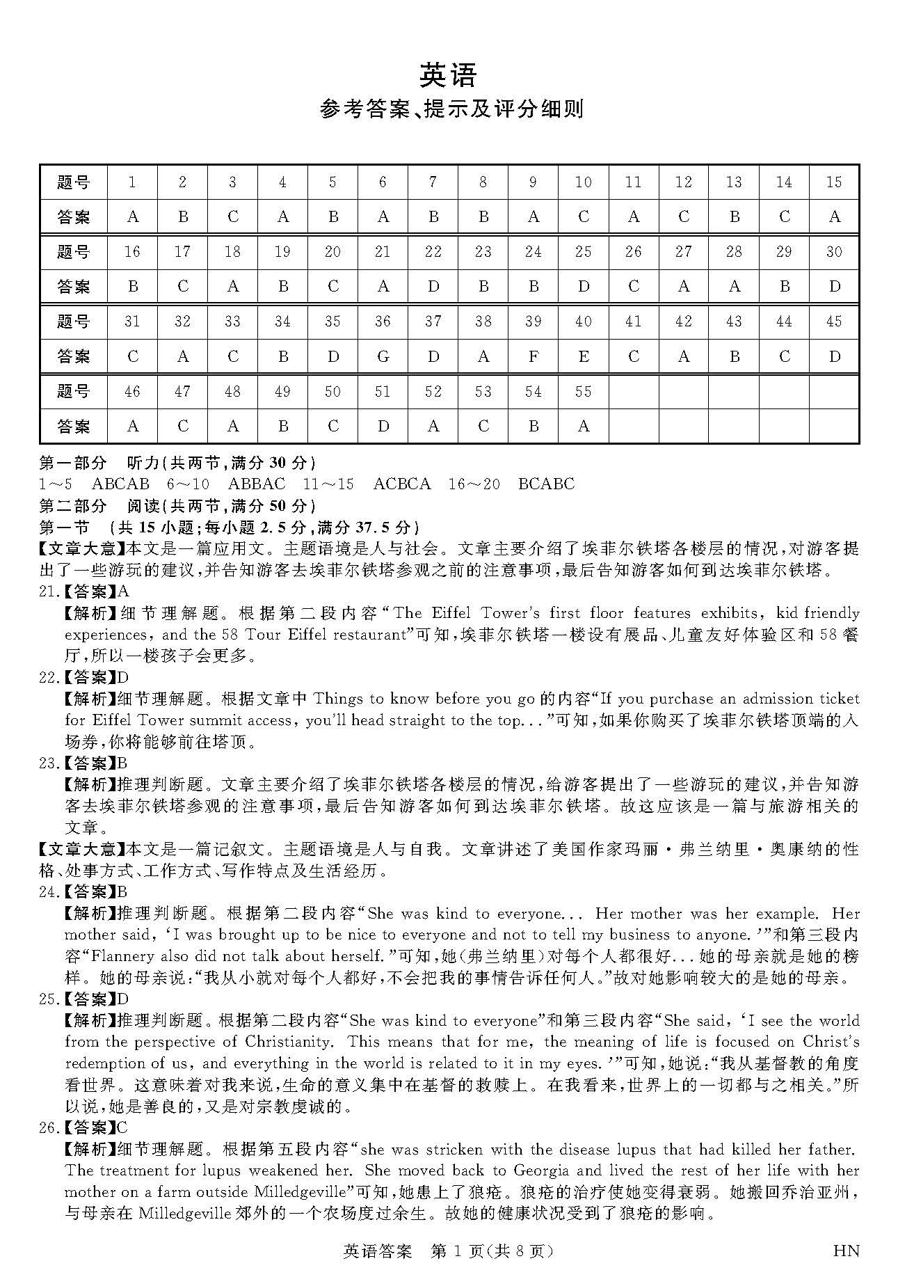河南省八市重点高中2024届高三4月第一次模拟考试英语答案