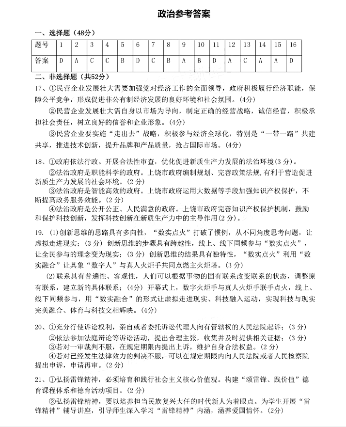 江西省五市九校协作体2024届高三二模政治答案