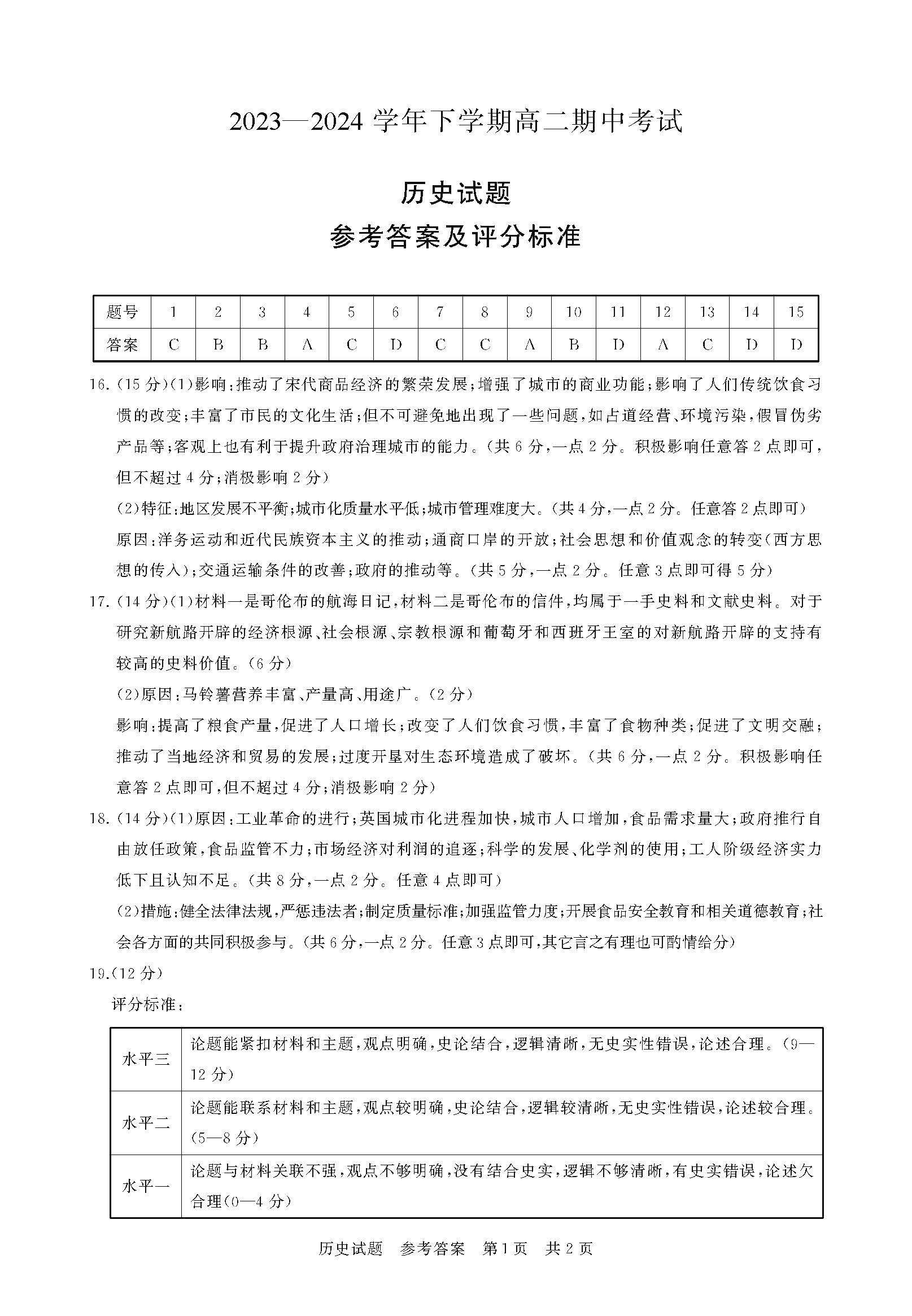 湖北省鄂北六校2023-2024学年高二下期中考试历史答案