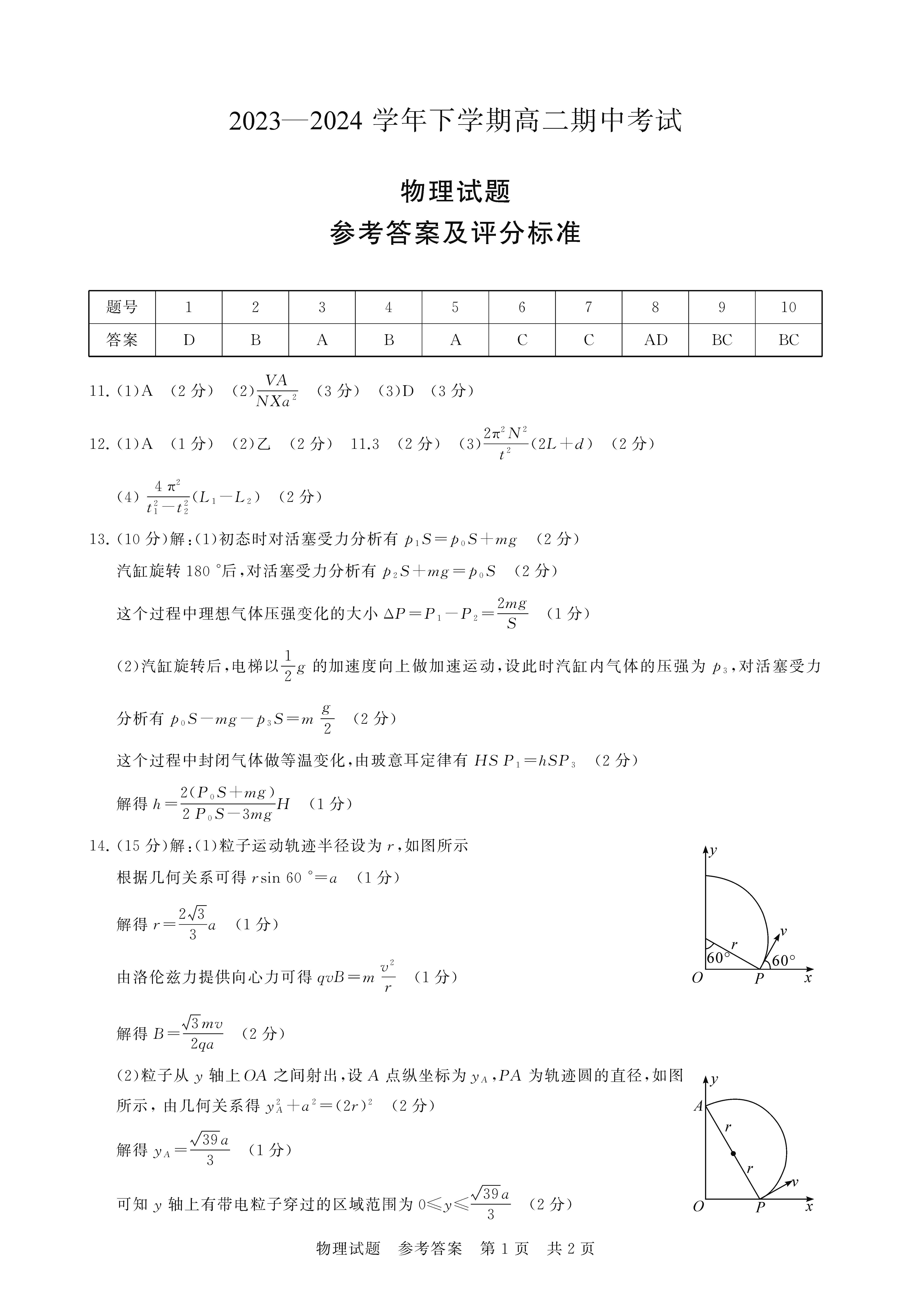 湖北省鄂北六校2023-2024学年高二下期中考试物理答案