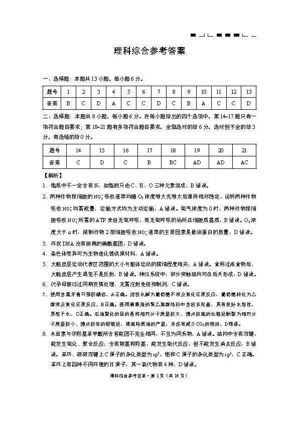 云南师范大学附属中学2024届高三下月考（九）理综答案