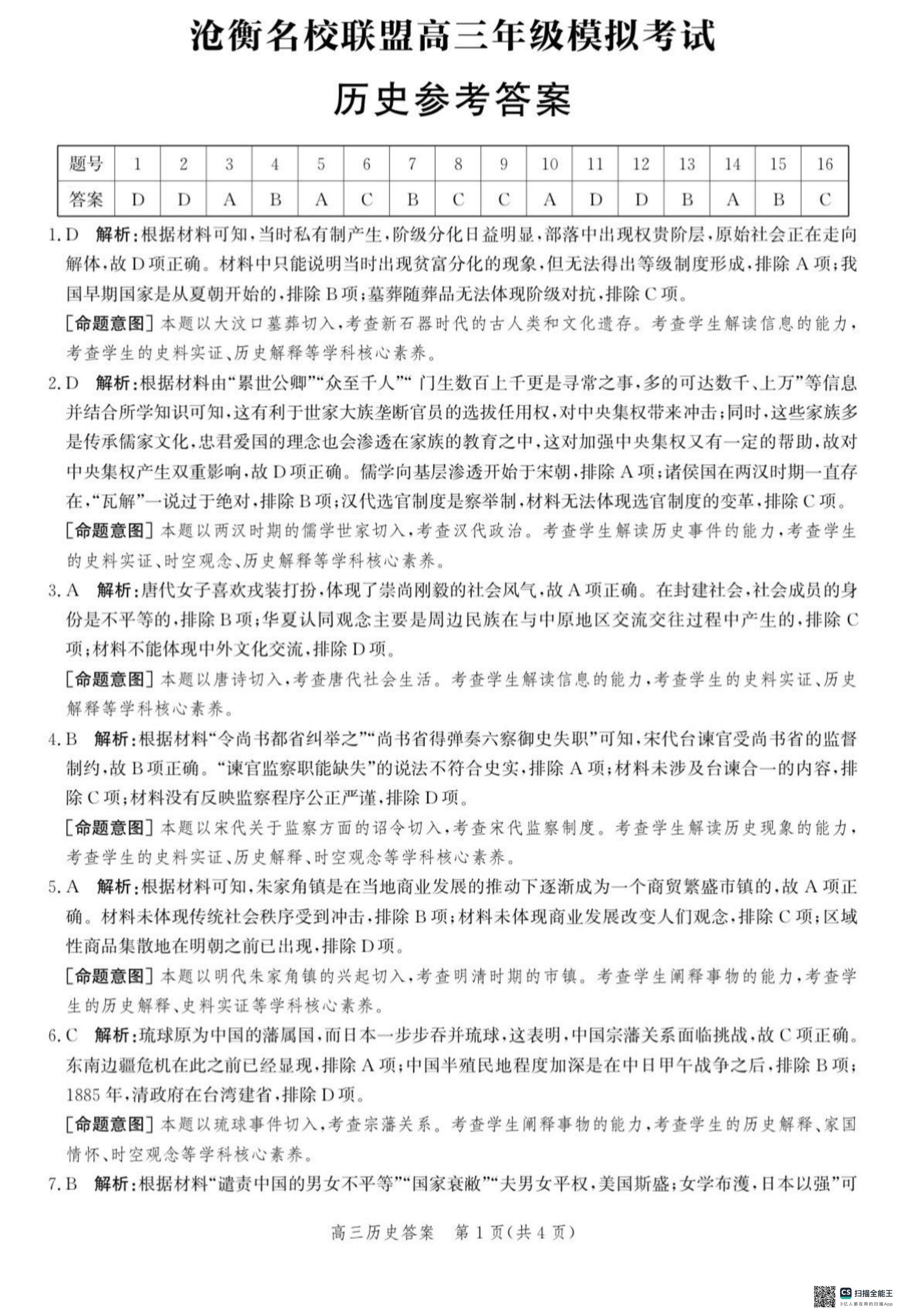 河北省沧衡名校联盟2024届高三下模拟考试历史答案