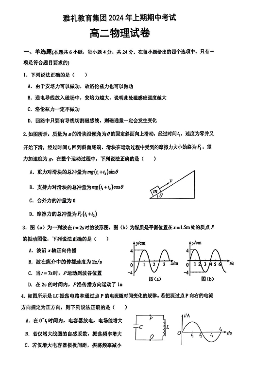 湖南省雅礼教育集团2024年4月高二下期中考试物理试题