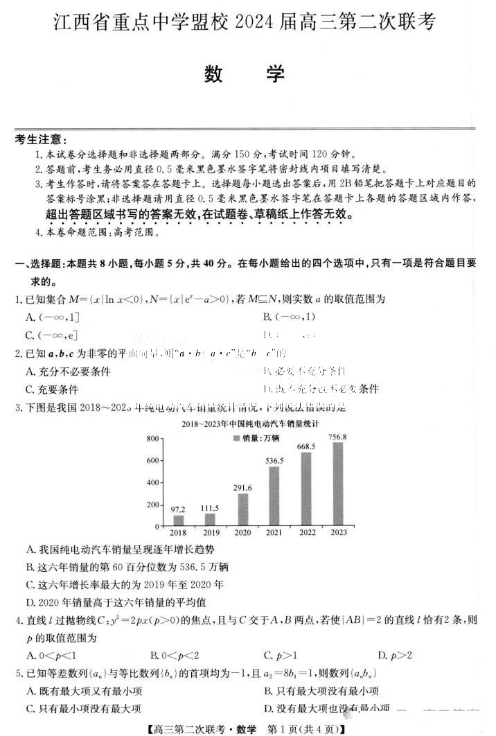 江西省重点中学盟校2024届高三第二次联考数学试题