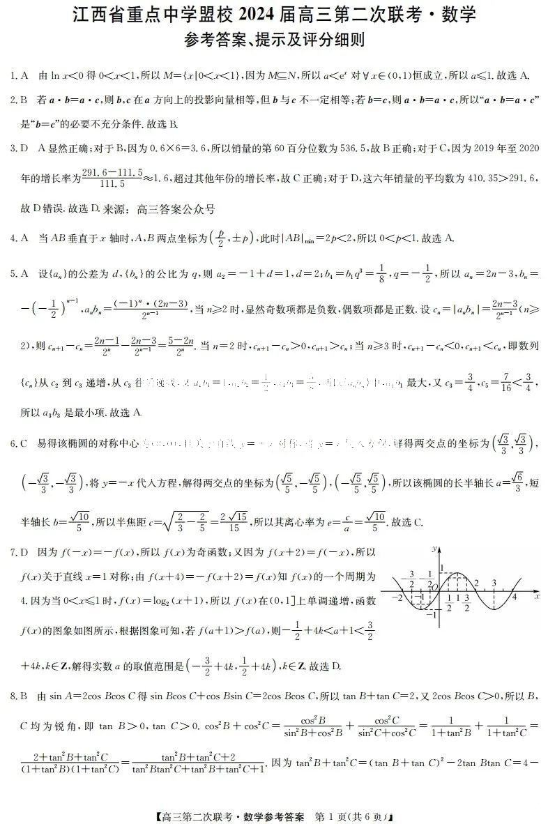 江西省重点中学盟校2024届高三第二次联考数学答案