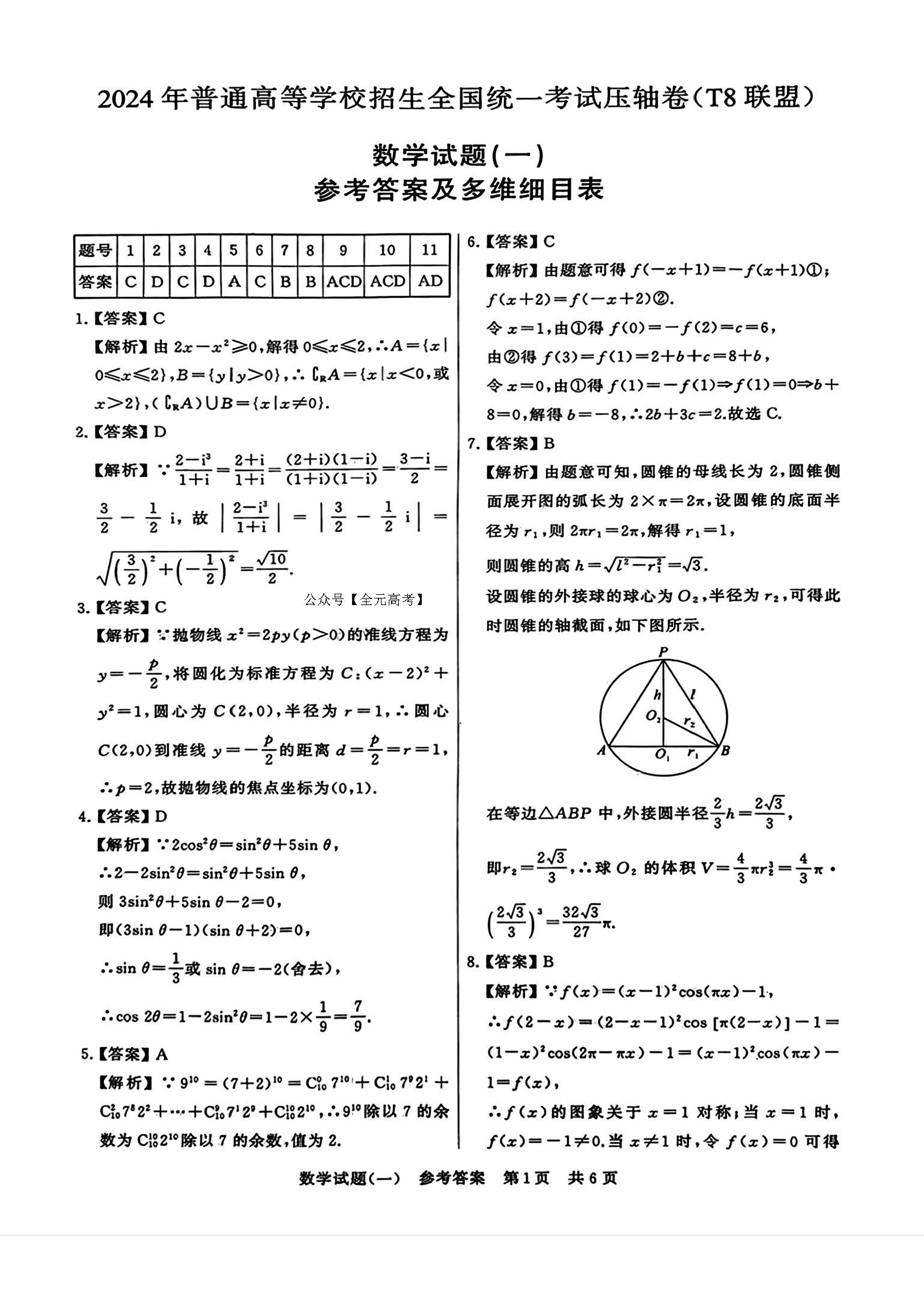 2024年普通高等学校招生全国统一考试压轴卷（T8联盟）数学答案