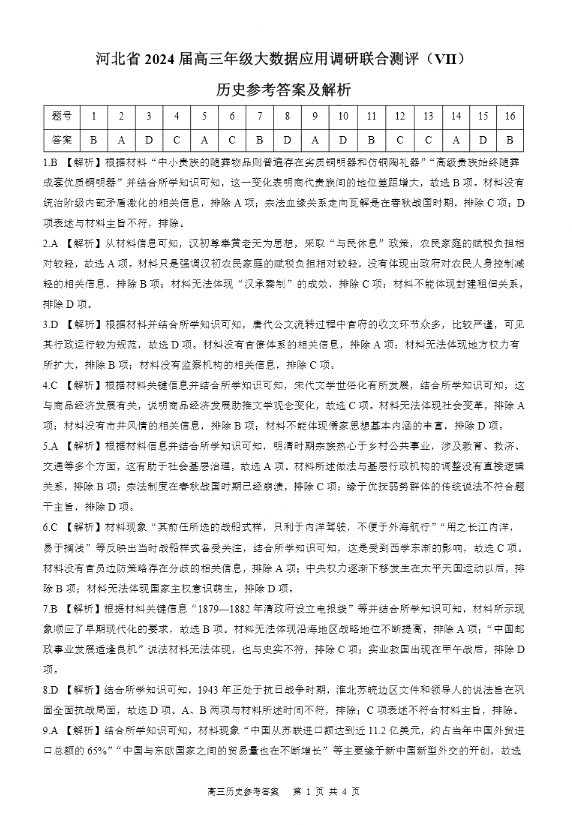 河北省2024届高三大数据应用调研联合测评（Ⅶ）历史答案