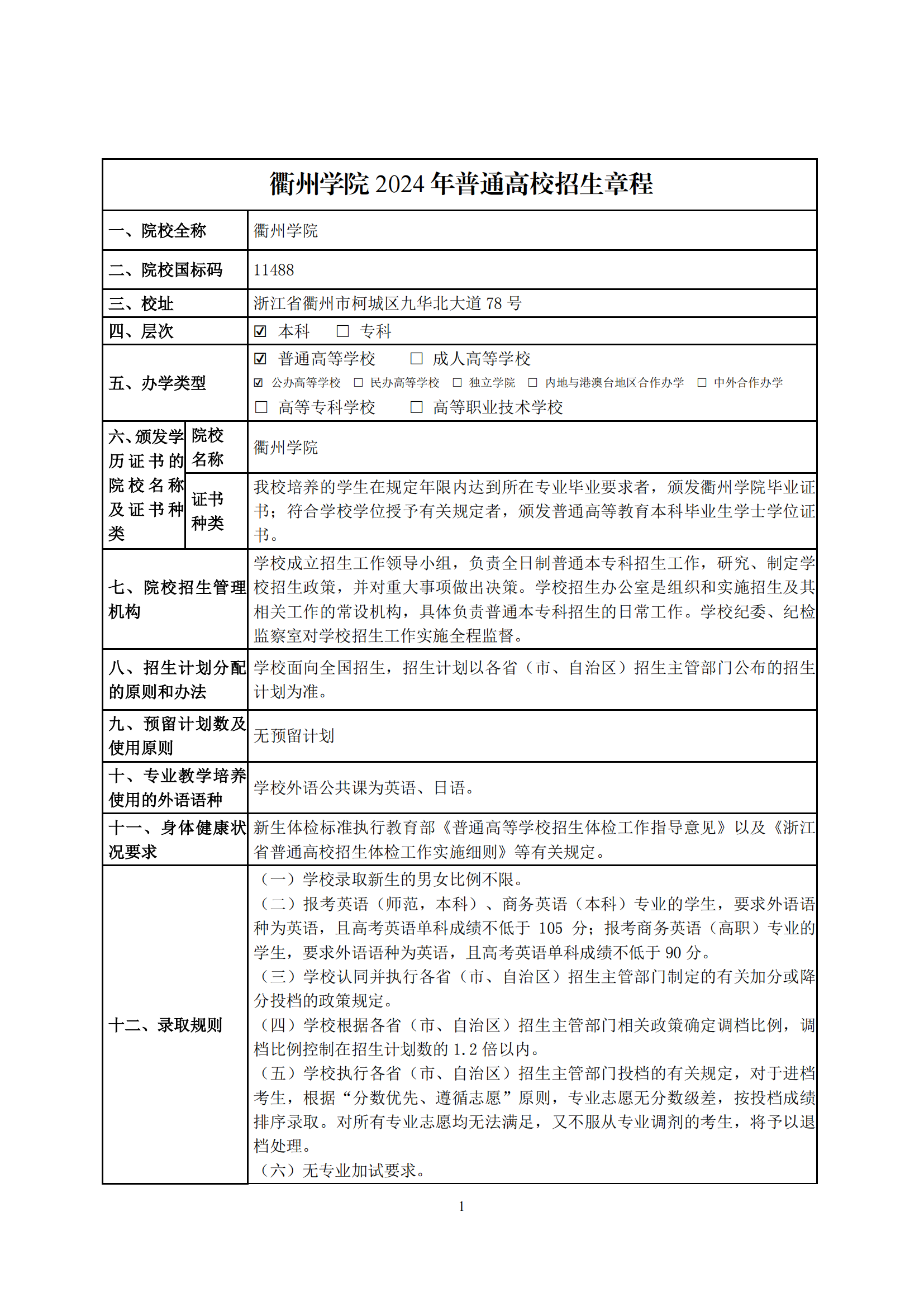 衢州学院2024年普通高校招生章程
