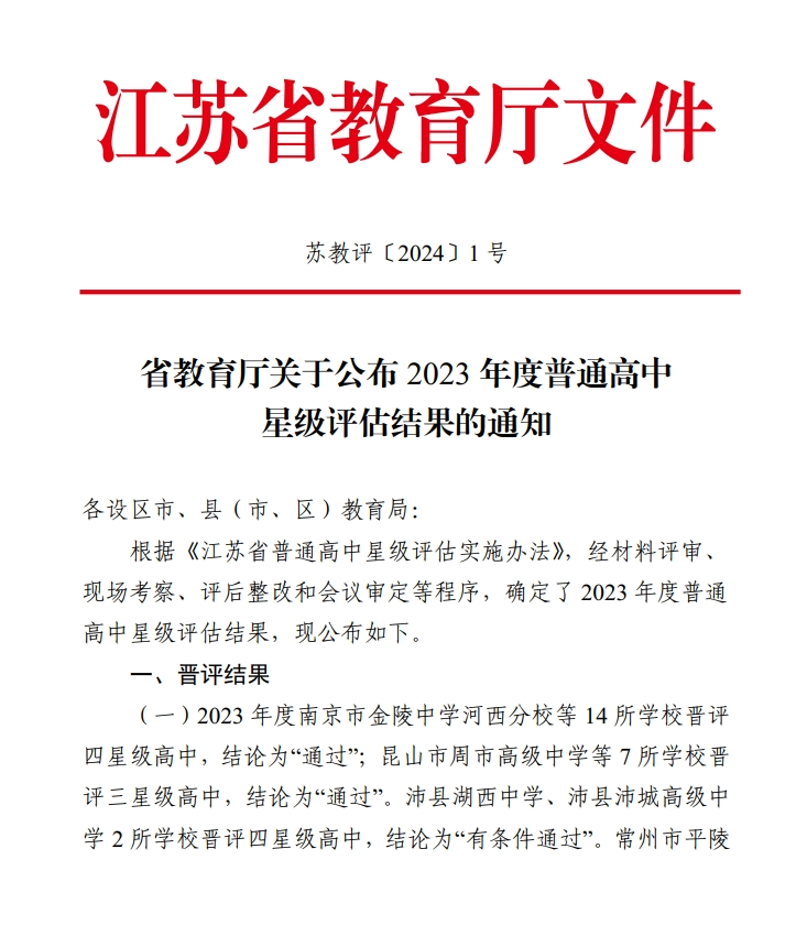 2023年度普通高中星级评估结果通知