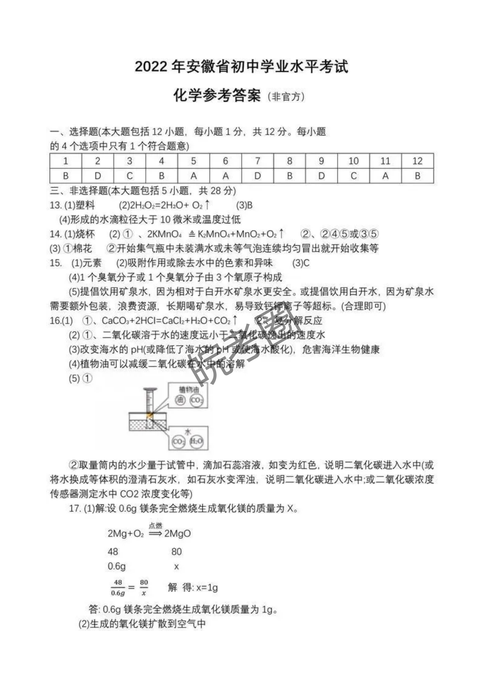 安徽省2022年中考化学真题及答案
