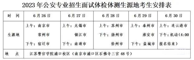 2023年公安专业招生面试体检体测生源地考生安排表