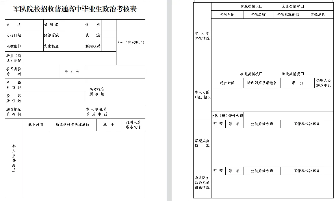 军队院校招收普通高中毕业生政治考核表