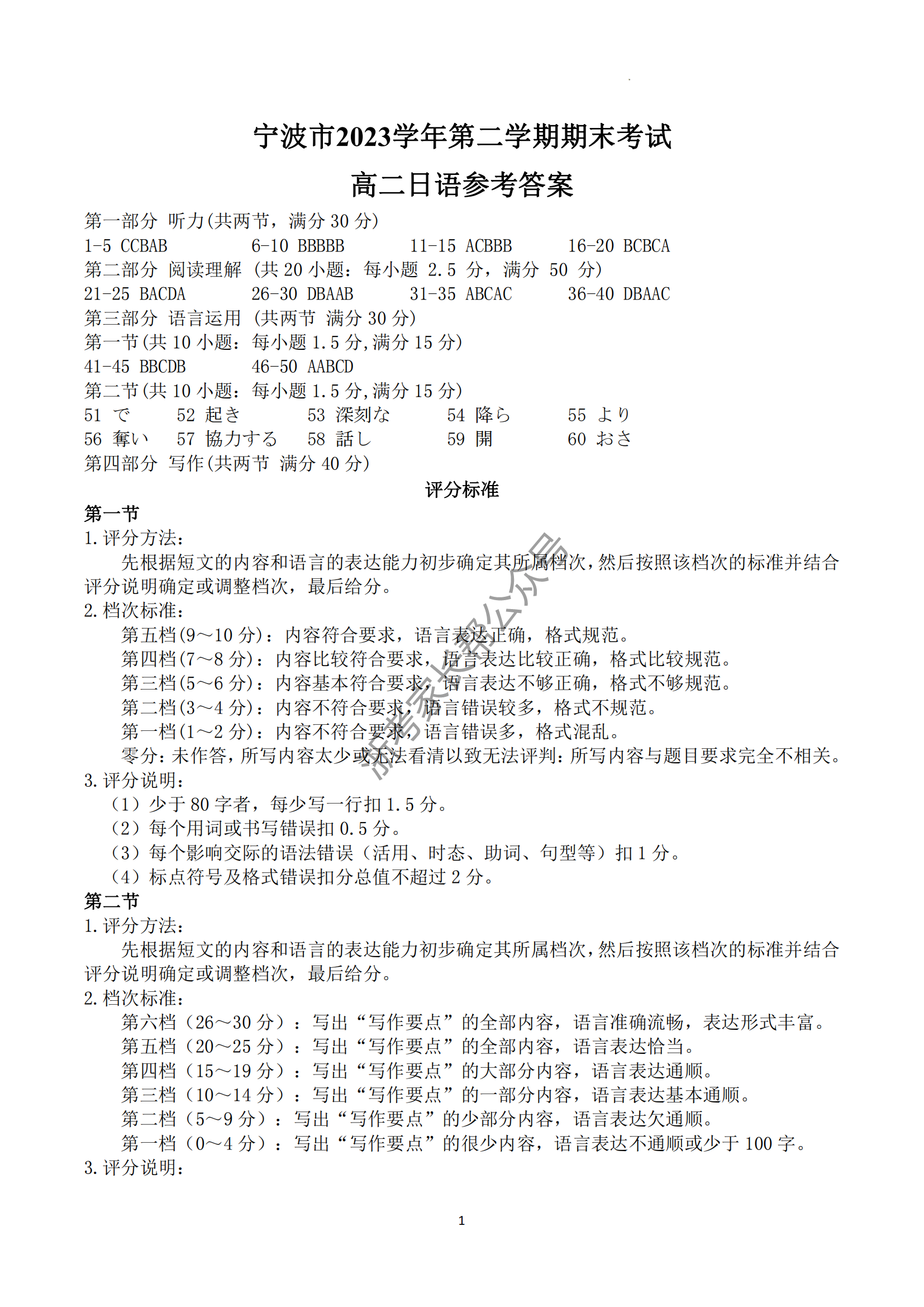 2024年宁波高二下学期期末日语试题及答案