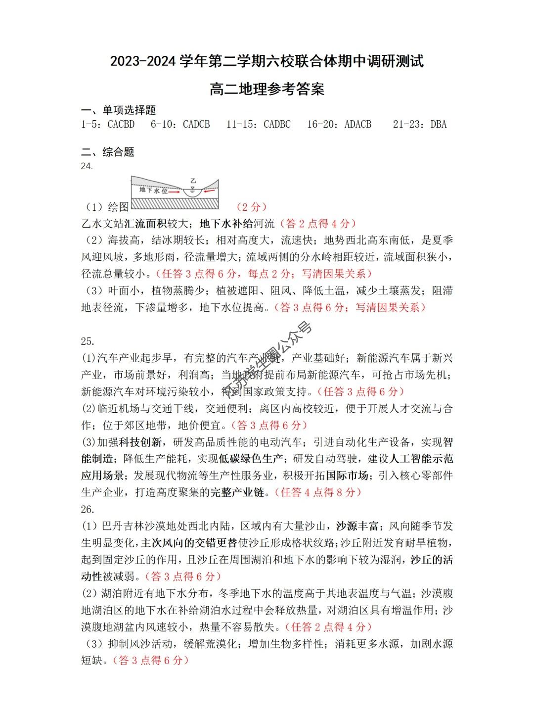 江苏省2024年南京六校高二下学期期末地理答案