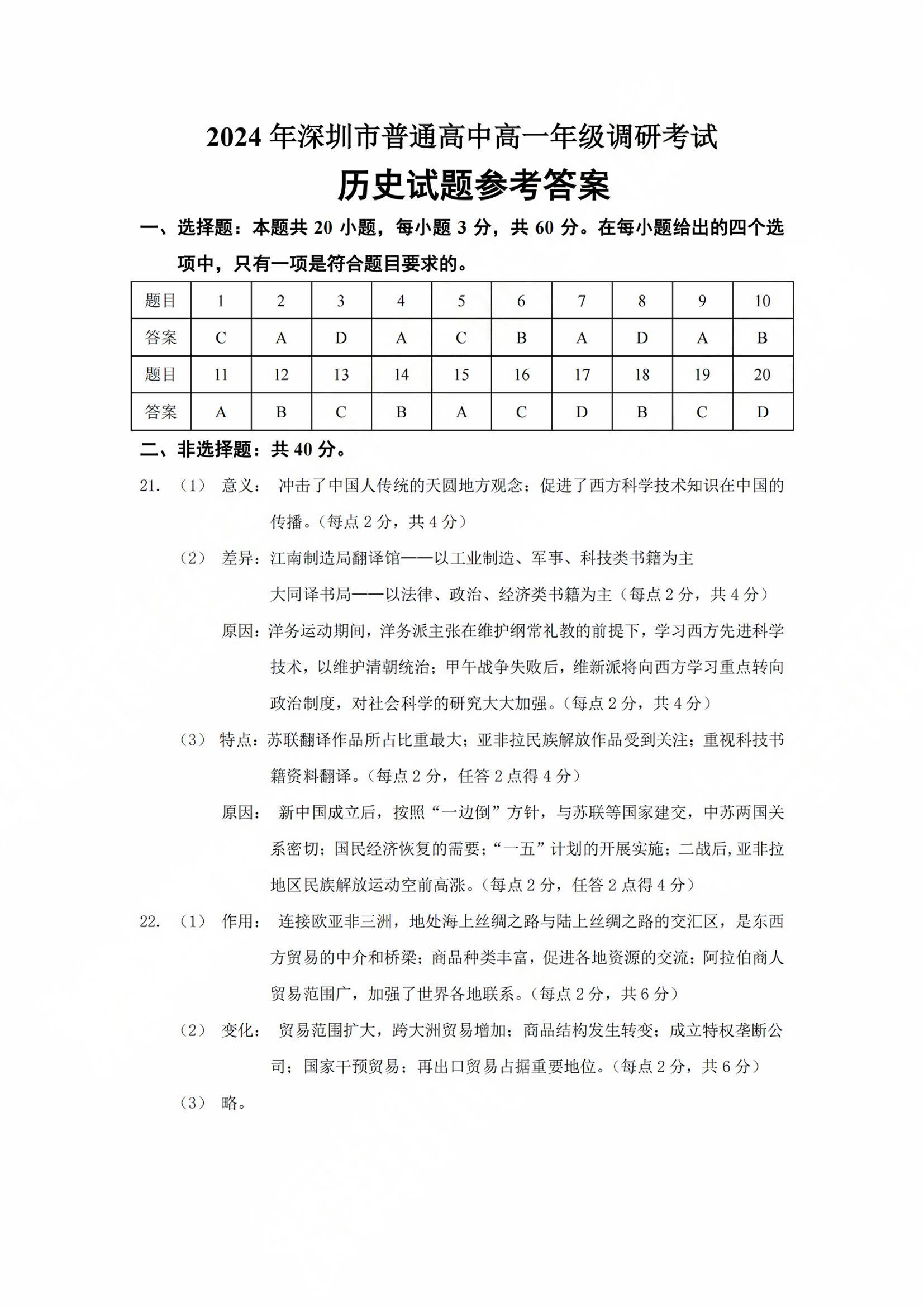 2024广东深圳高一7月期末历史试题及答案