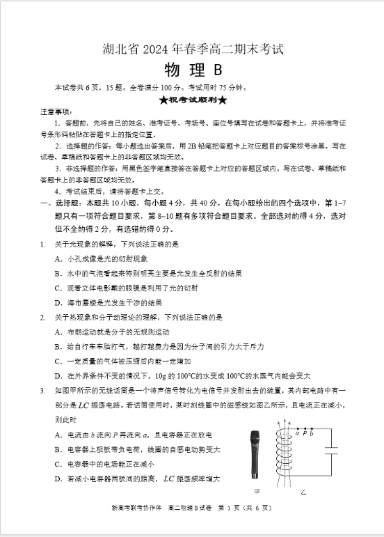 2024湖北省新高考联考协作体（八市）高二下期末物理试题