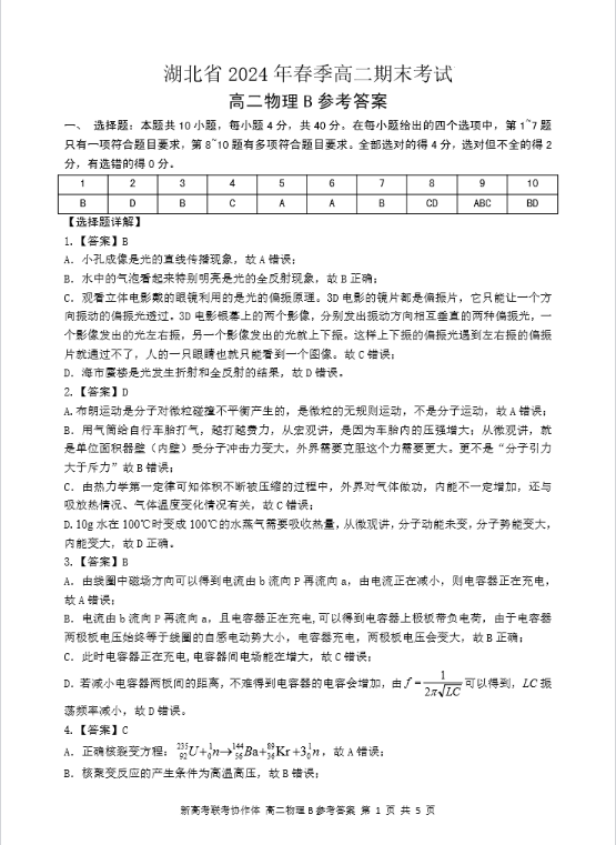 2024湖北省新高考联考协作体（八市）高二下期末物理答案