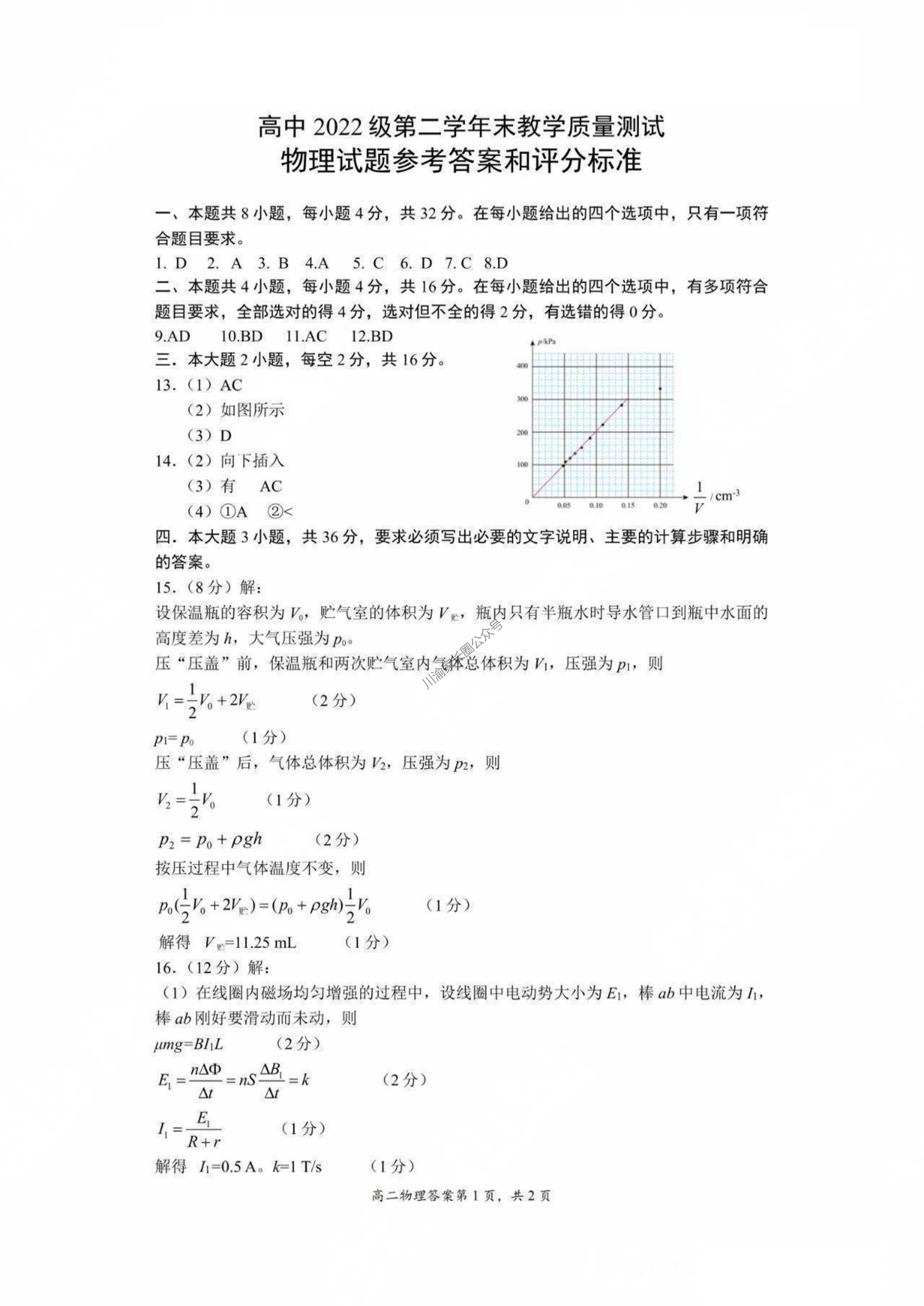 四川省2024年绵阳高二下学期期末物理答案