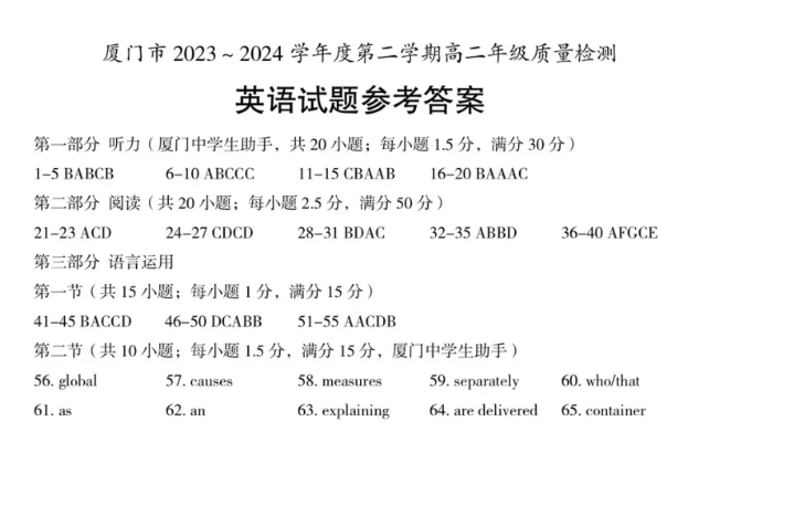 福建省厦门市2023-2024学年第二学期高二期末英语答案