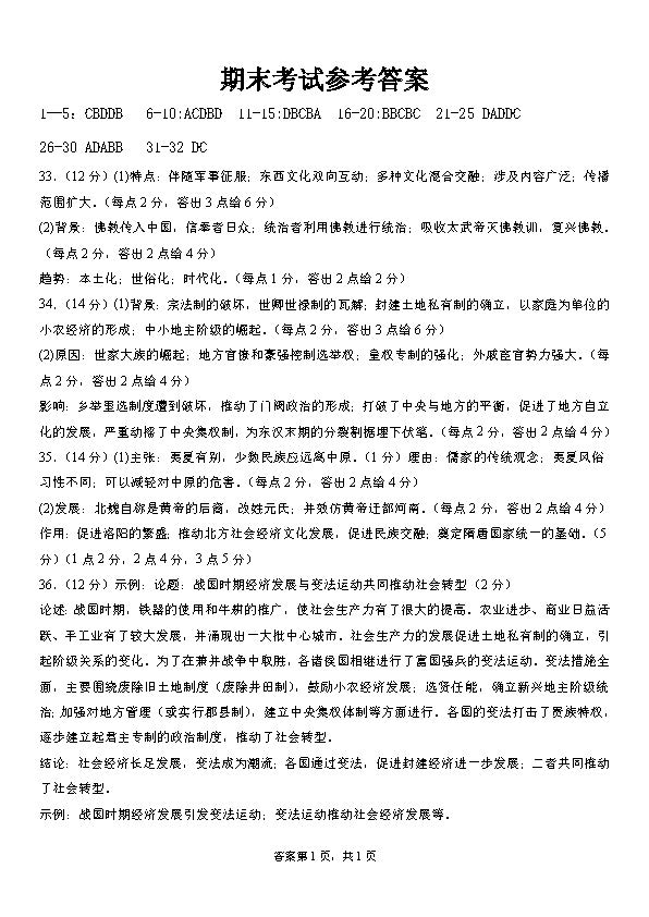 黑龙江省哈师大附中2023-2024学年高二下期末联考历史答案