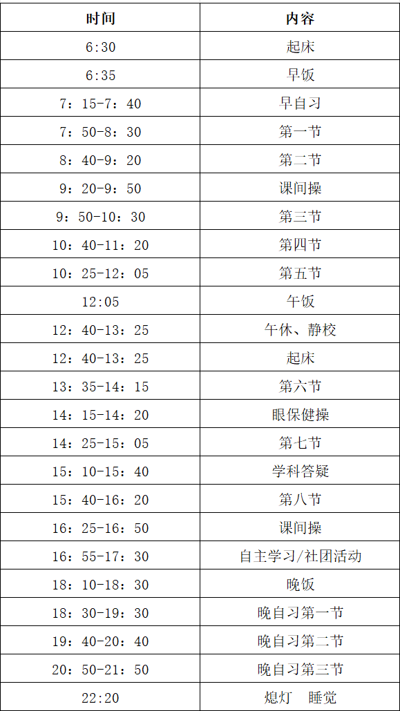 青岛市部分高中日常作息时间表