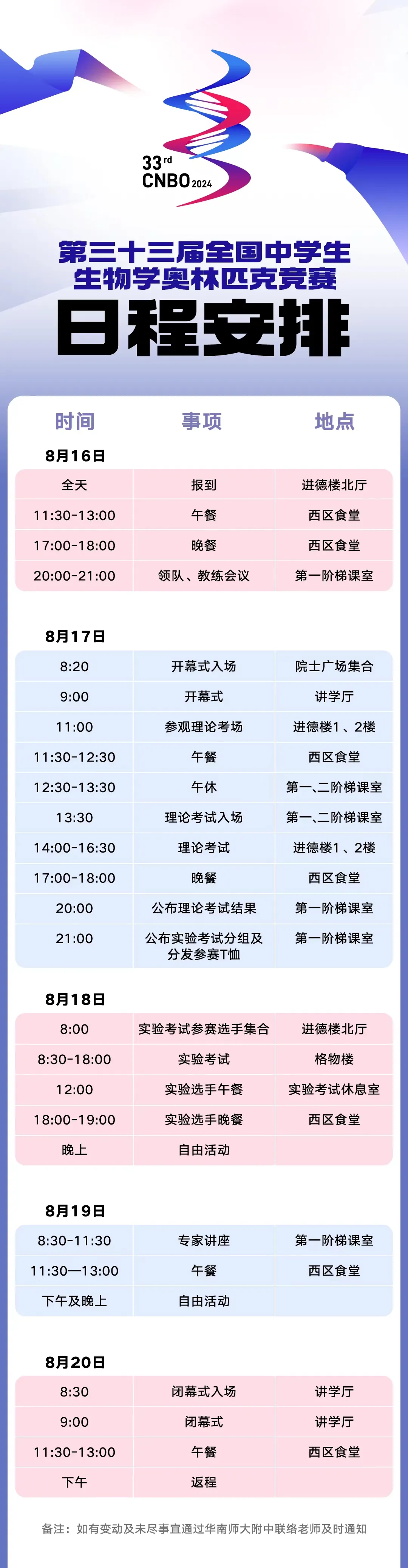 2024年全国中学生生物学奥林匹克竞赛日程安排，8月16日报道！