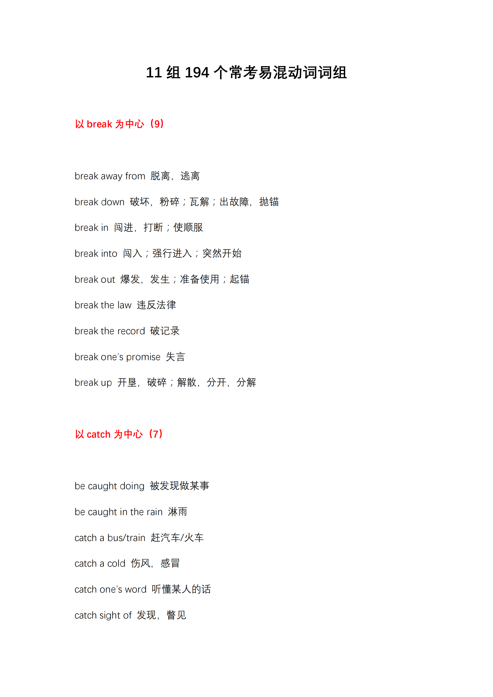 11组194个常考易混动词词组