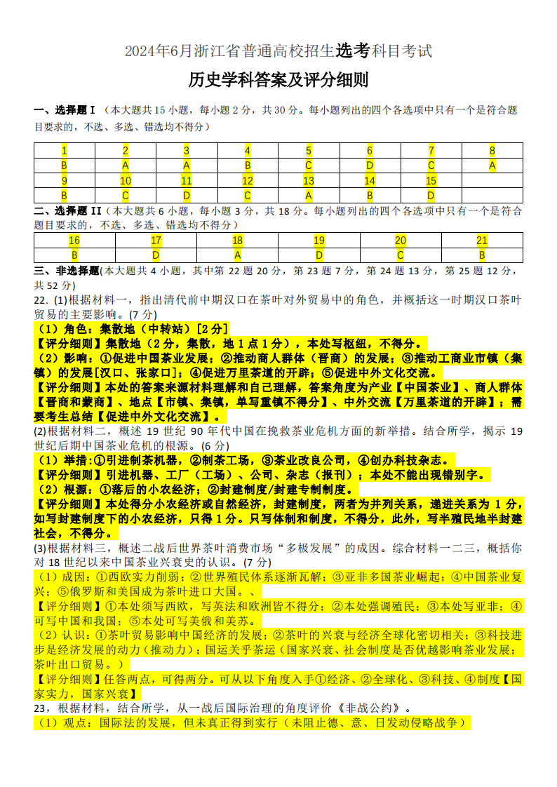 2024年浙江高考历史答案