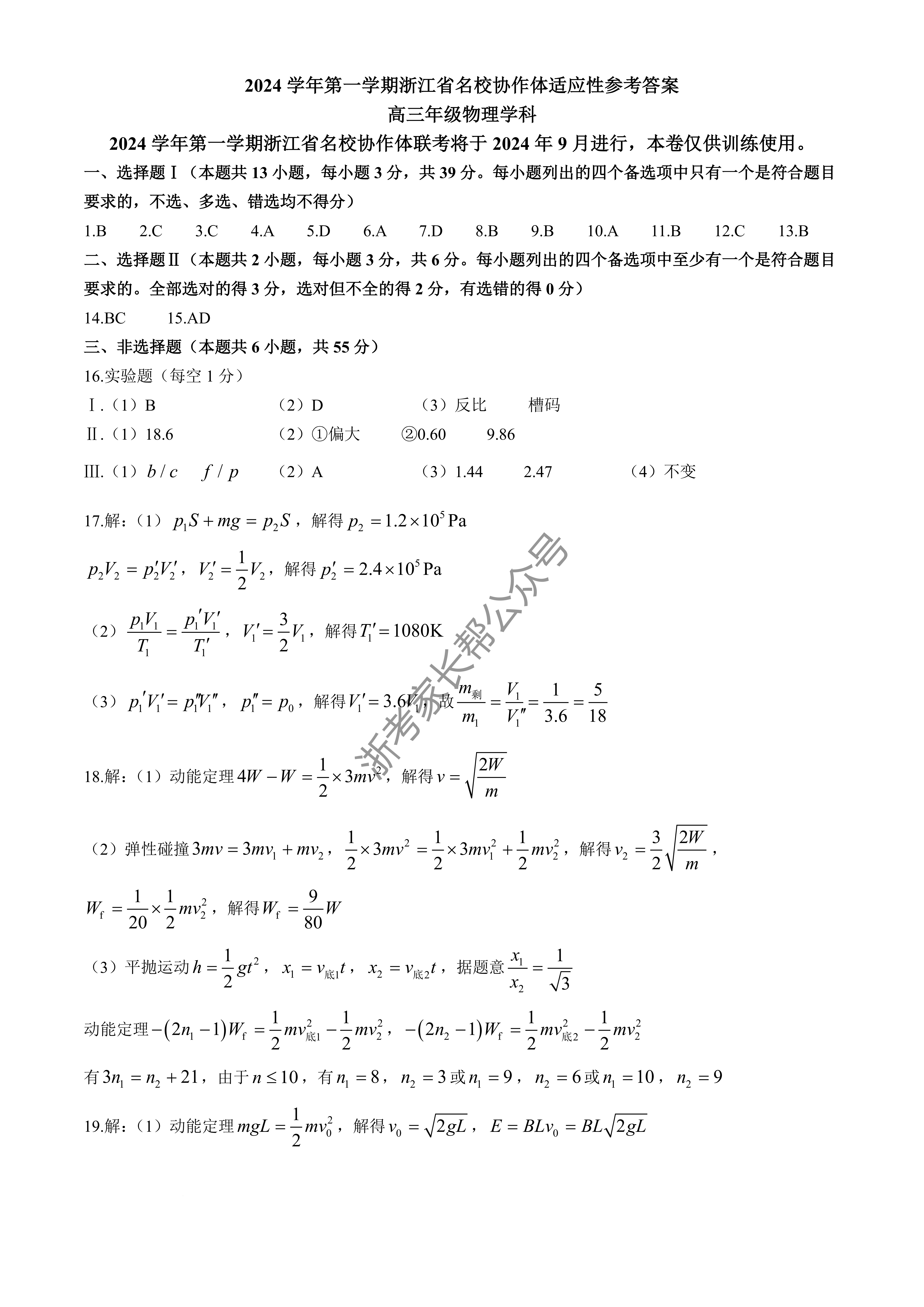2025届浙江名校协作体高三上学期适应性考试物理试题及答案