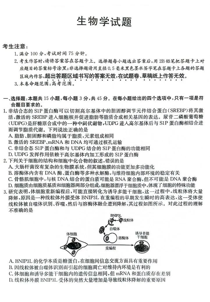 安徽省县中联盟2024-2025学年高三9月联考生物试题和答案