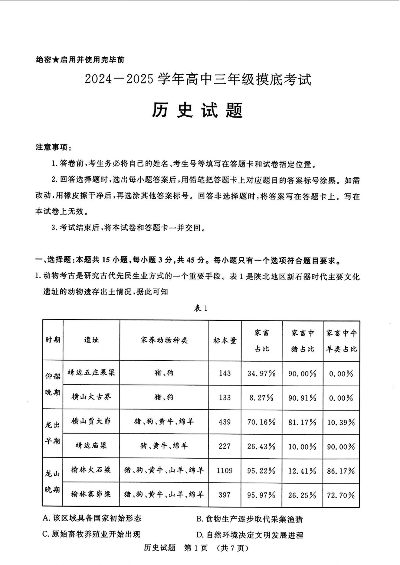 山东济南2025届高三9月开学摸底考试历史试题及答案（待更新）