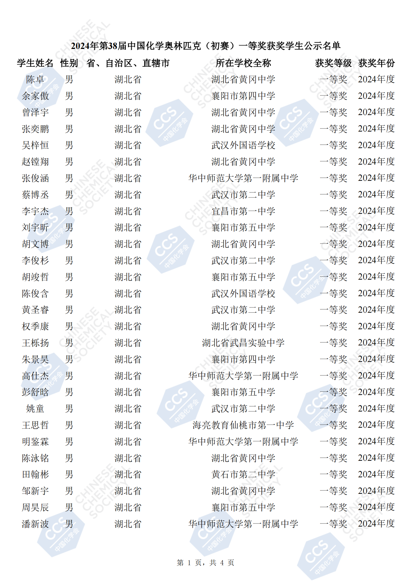 湖北省2024年第38届全国中学生化学竞赛初赛省一获奖名单即将公布