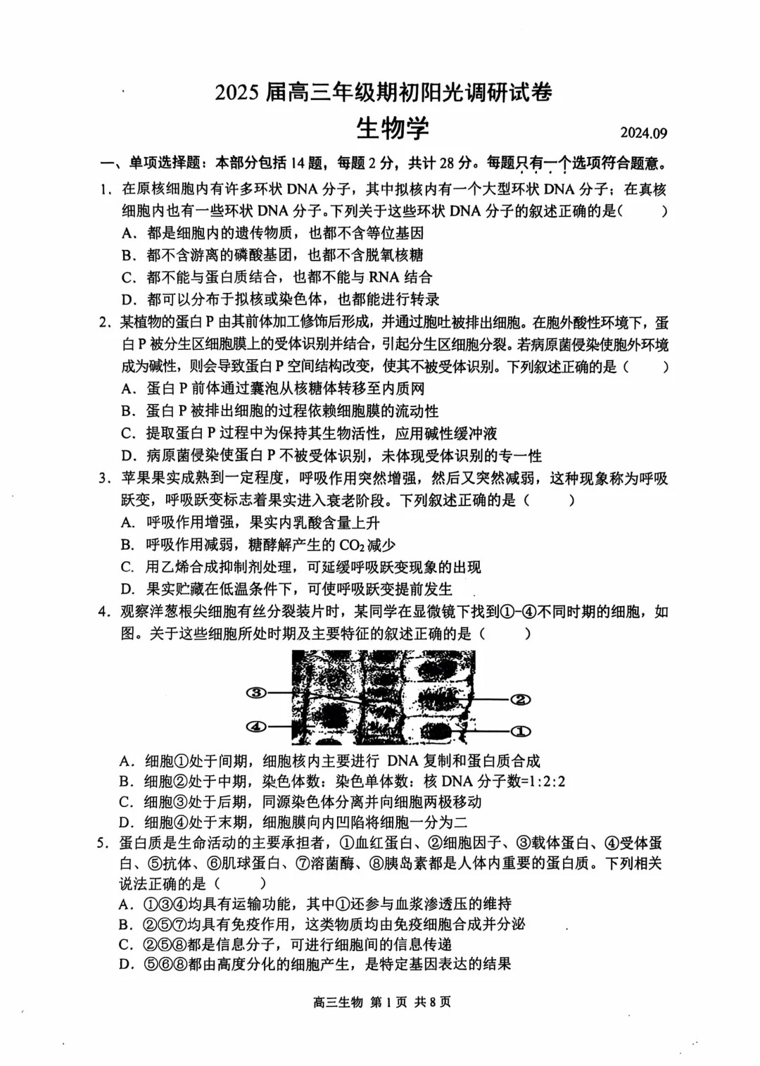 2025届苏州高三开学大联考生物试题及答案