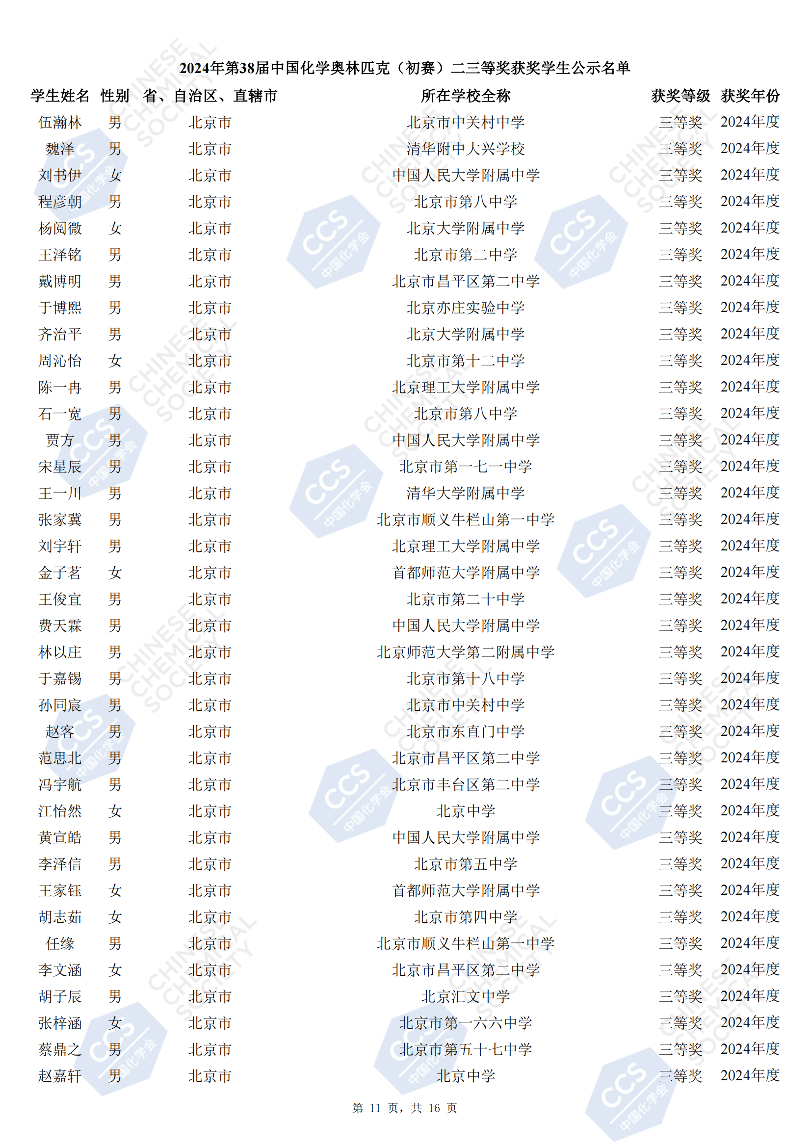 北京市2024年第38届全国中学生化学竞赛初赛省三获奖名单