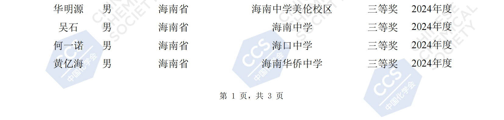 海南省2024年第38届全国中学生化学竞赛初赛省三获奖名单